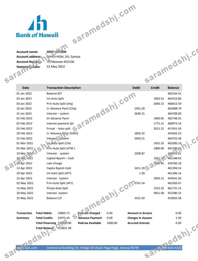 Samoa Bank of Hawaii bank statement